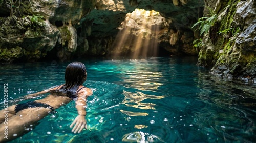 Tourist Swimming in Crystal Cenote Water with Limestone Cave and Sunlight Rays
