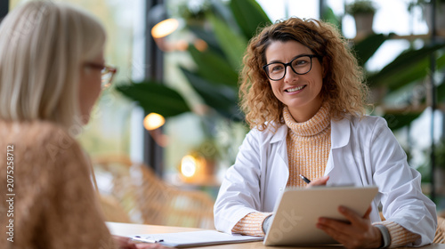 A wide shot of a doctor providing softly calm care to a bright patient during a gentle medical consultation gentle consult open faces bright clinic soft daylight
