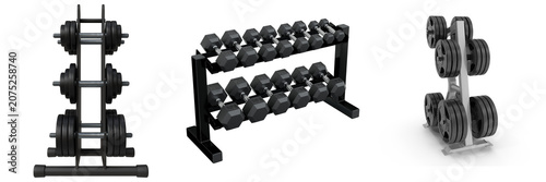 Obraz na płótnie Three different types of weight racks with dumbbells and weight plates isolated