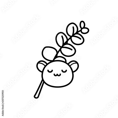 Cute koala face with eucalyptus branch in black and white outline design, Concept of Funny icons for kids and adults  