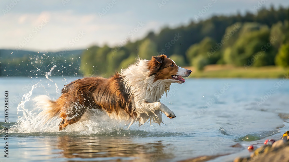 Obraz premium Brown and white dog running through water, fluffy coat splashing lake