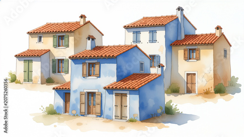 Watercolor Illustration of Mediterranean Village Houses