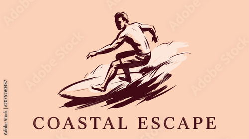 Coastal escape surf design. Surfer riding wave vector. Vintage beach t shirt graphic.