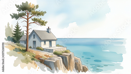 Watercolor House on Cliff by the Sea