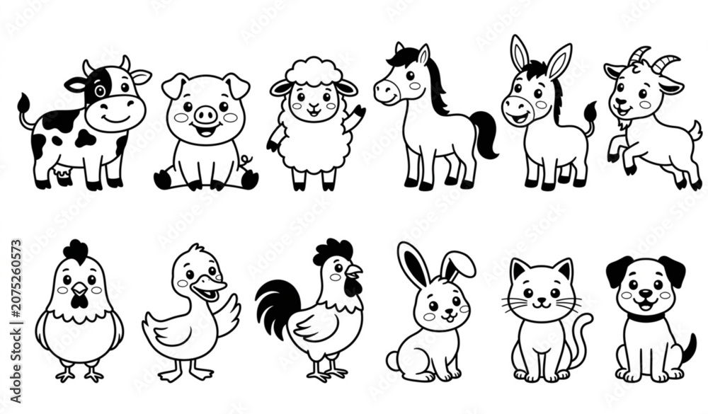 Obraz premium Cute Cartoon Farm Animal Vector Set with Cow Pig Horse Chicken Cat Dog Duck and Sheep Characters