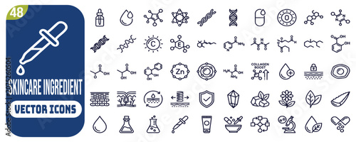 Skincare ingredient line icon set. Molecule, vitamin, serum, collagen, crystal minimal vector illustrations. Simple outline signs for cosmetic and dermatology. Blue duotone color. Editable Stroke.