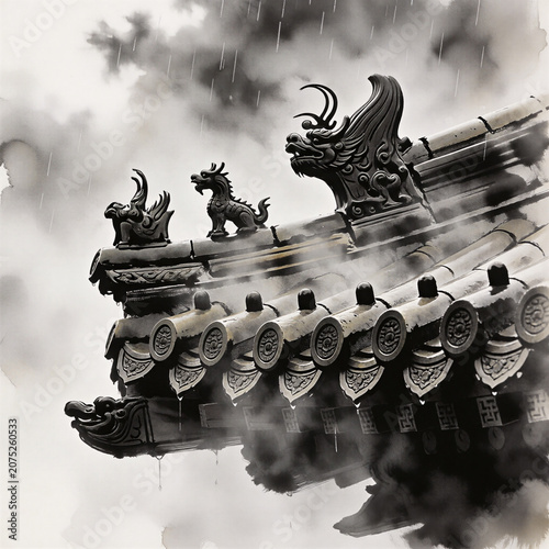 Traditional Chinese Temple Roof in Rain with Dragon Statues