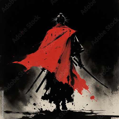 Samurai Warrior with Red Cape Illustration