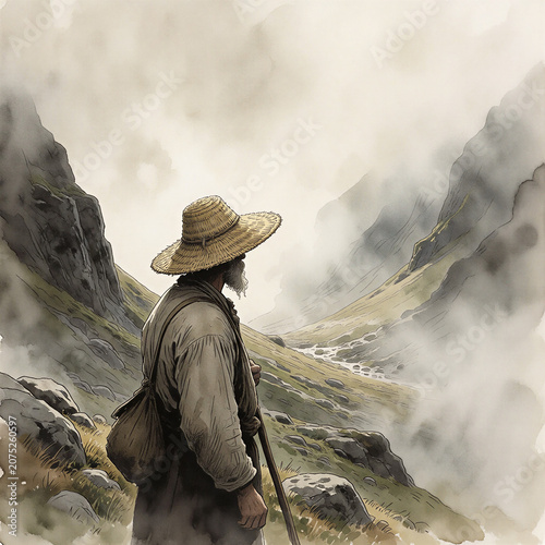 Man with straw hat and walking stick looking at misty mountain valley watercolor illustration