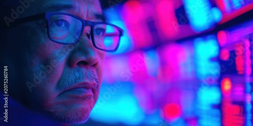 Asian man wearing glasses analyzing glowing digital stock market data on neon screens for financial investment research and global trading insights