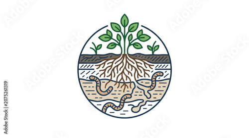 Fotografie Circular illustration of soil layers with plant roots and earthworms