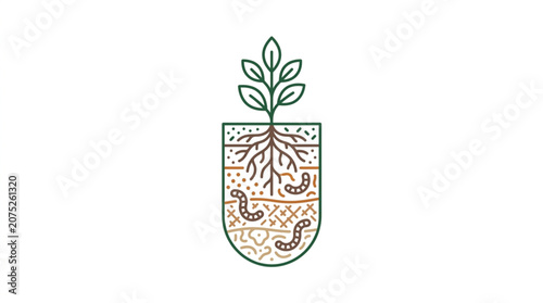 Photos Illustration of plant roots and earthworms in soil layers.