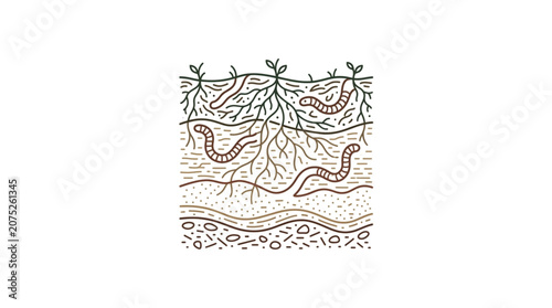 Quadro su tela Illustration of soil layers with plant roots and earthworms.
