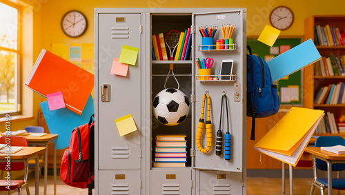 Home office desk with laptop, globe, and school supplies in a bright room 