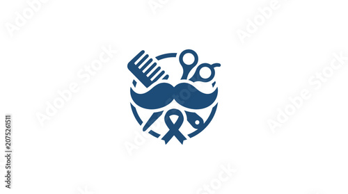 Barber Shop Icon: Mustache, Comb, Scissors, Ribbon - Men's Grooming Symbol