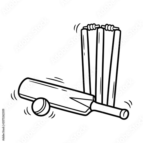 Line art drawing of cricket equipment including a wooden bat leather ball and three wicket stumps with bails