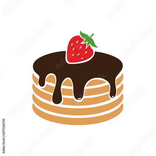 Flat illustration of pancake stack with chocolate and strawberry
