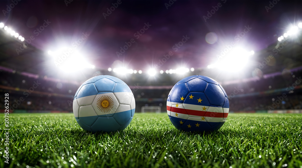 Naklejka premium Foot Balls with Argentina and Cape Verde Flags on Stadium Field at Night