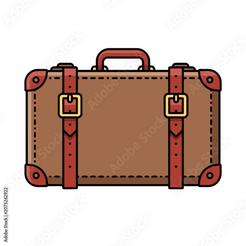 Vintage Brown Suitcase with Red Straps and Gold Buckles