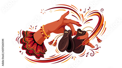 Canvastavla Illustration of a flamenco dancer playing wooden castanets with dynamic motion lines and musical notes