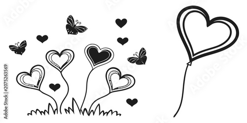 Photos Twelve black silhouette love hearts and a heart-shaped ribbon heart shape minima