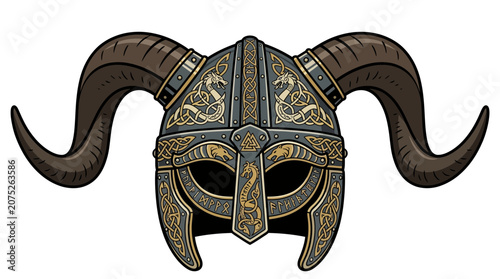 Obraz na plátně Detailed illustration of a traditional horned Viking helmet with intricate Celtic knotwork patterns