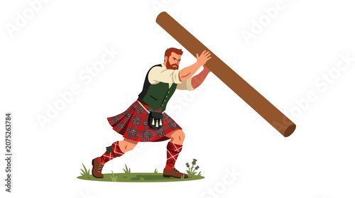 Schilderij op canvas Illustration of a strong Scottish man performing the traditional caber toss at a highland games event