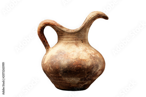 Rustic ancient clay pitcher with curved handle and spout for traditional liquid serving isolated on transparent background