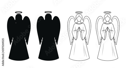 Obraz na plátně Angel Figures With Halo And Wings Black And White Silhouette