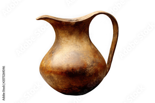 Rustic antique ceramic pitcher with weathered texture and curved handle displayed as a decorative historic vessel on transparent background