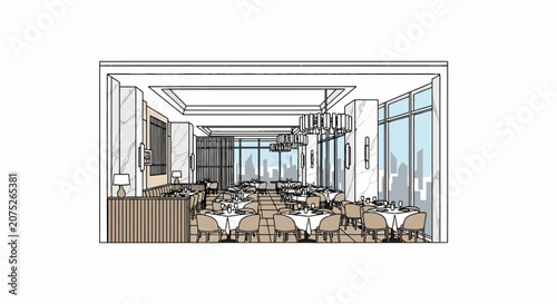 Canvas Print Fine dining restaurant interior with panoramic city skyline view
