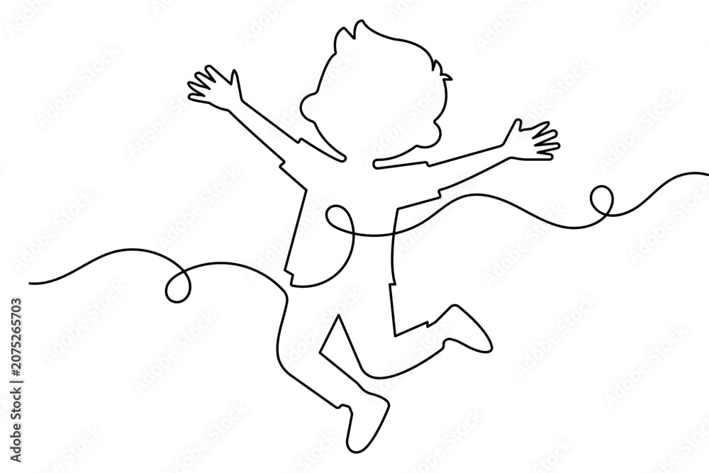 Fototapeta premium Jumping children continuous one line drawing minimalist style isolated outline vector illustration