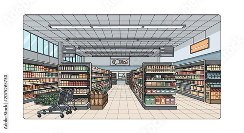 Tableau sur toile Supermarket grocery store aisle with shelves and carts