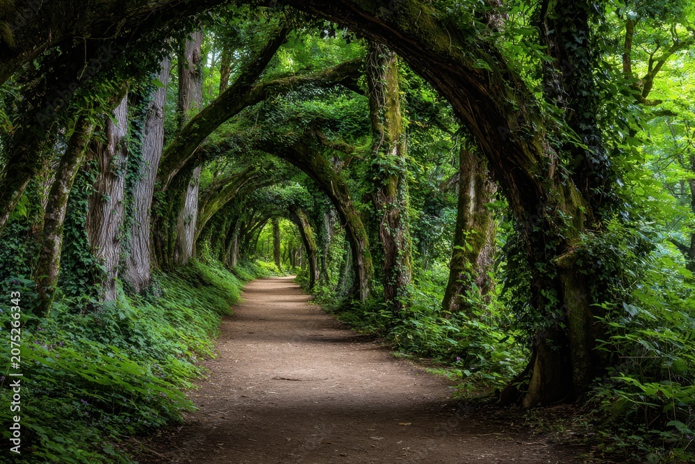 Naklejka premium A serene woodland pathway surrounded by lush green trees and intertwining branches forming natural archways under a vibrant forest canopy in daylight