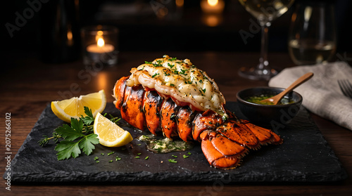 Luxury gourmet grilled lobster tail seafood platter with melted garlic butter and lemon wedges