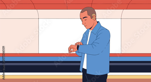 Man wearing earbuds checks watch on a subway platform