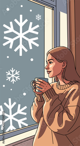 Woman holding mug looking out window at snow falling