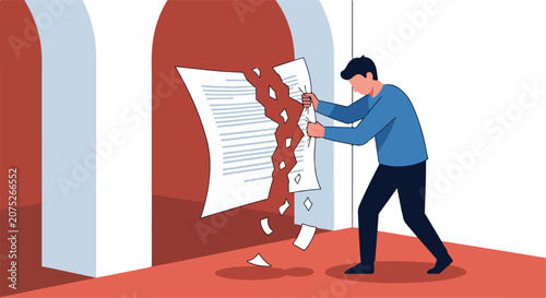 Person tearing document in two at archway entrance