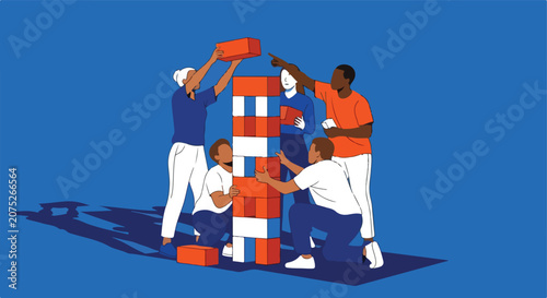 Diverse team builds towering structure together on blue background