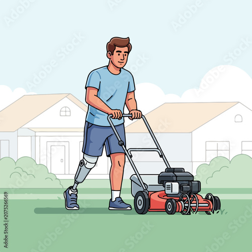 Man with prosthetic leg mowing lawn in front of houses