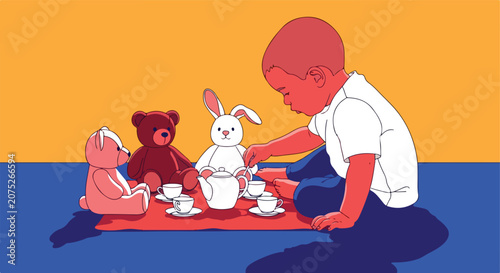 Child having tea party with stuffed animals on floor