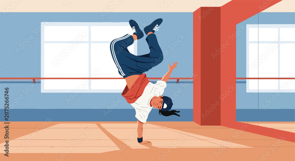 Obraz premium Person breakdancing on one hand in a dance studio with windows