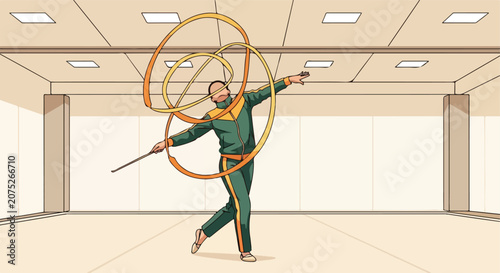 Athlete performs rhythmic gymnastics with a ribbon in a gymnasium