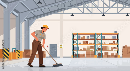 Warehouse worker sweeps floor, organized shelves with boxes and supplies