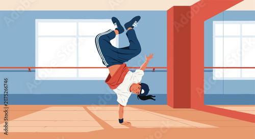 Person breakdancing on one hand in a dance studio with windows