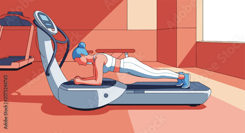 Woman planking on vibration plate in gym