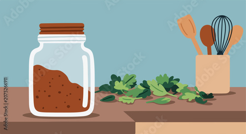Jar of spices and fresh greens with kitchen utensils on a counter