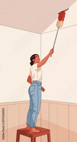 Woman on stool dusting ceiling in room