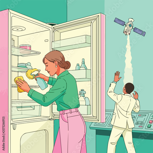 Woman cleaning refrigerator while man interacts with satellite control panel