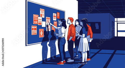 Group of people looking at notices on a bulletin board indoors